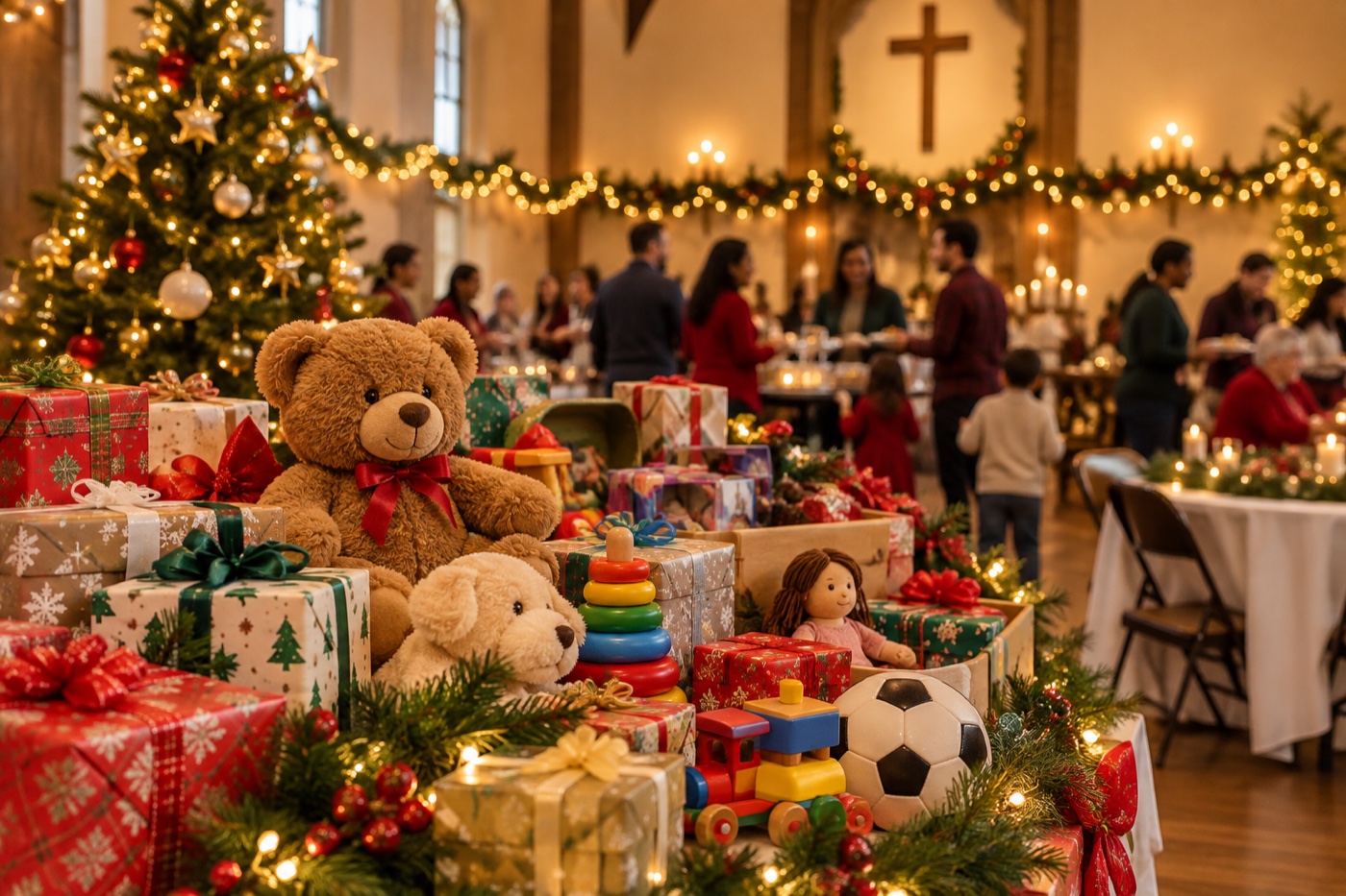 Festive Christmas toy donations at a church gathering