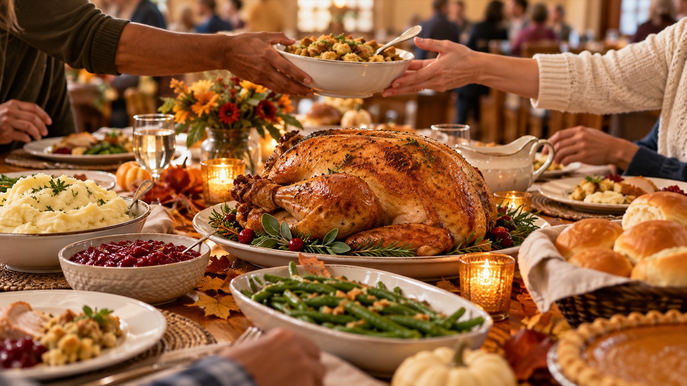 A welcoming Thanksgiving meal shared in community